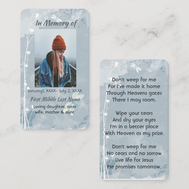 Christliches Memorial Keepake Dragonfly Weiße Blum Visitenkarte (Vorne/Hinten)