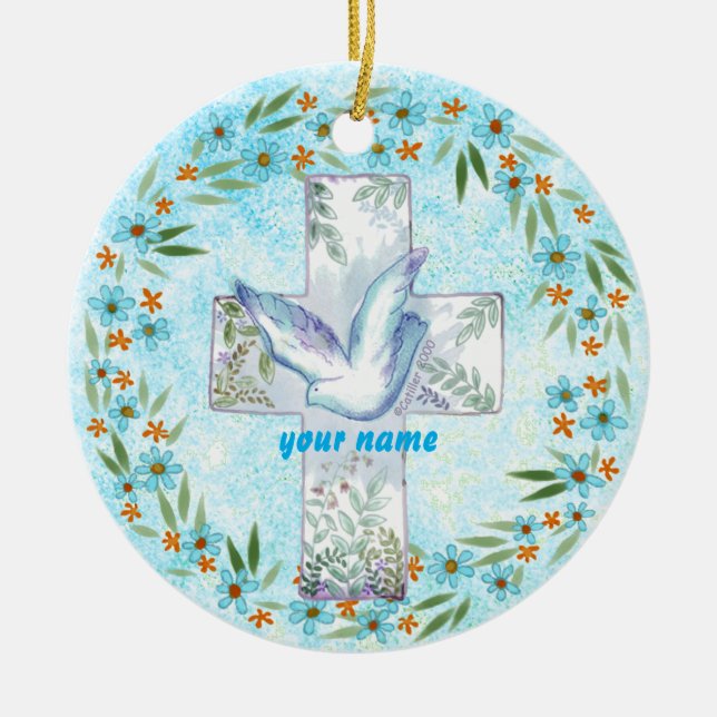 Christliches Taubenkreuz Keramik Ornament (Vorne)