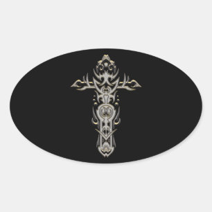 Christliches Verziertes Kreuz 57 Ovaler Aufkleber