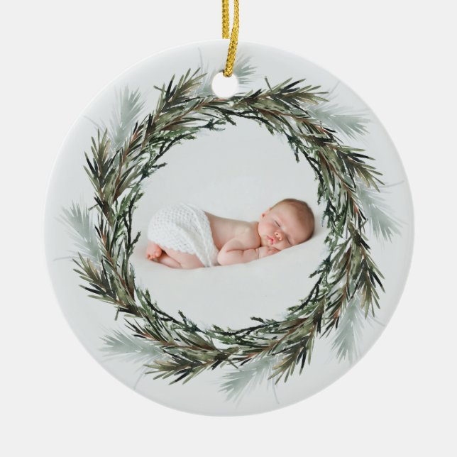 Christma Geburtsankündigung Aquarell Foto Keramik Ornament (Vorne)