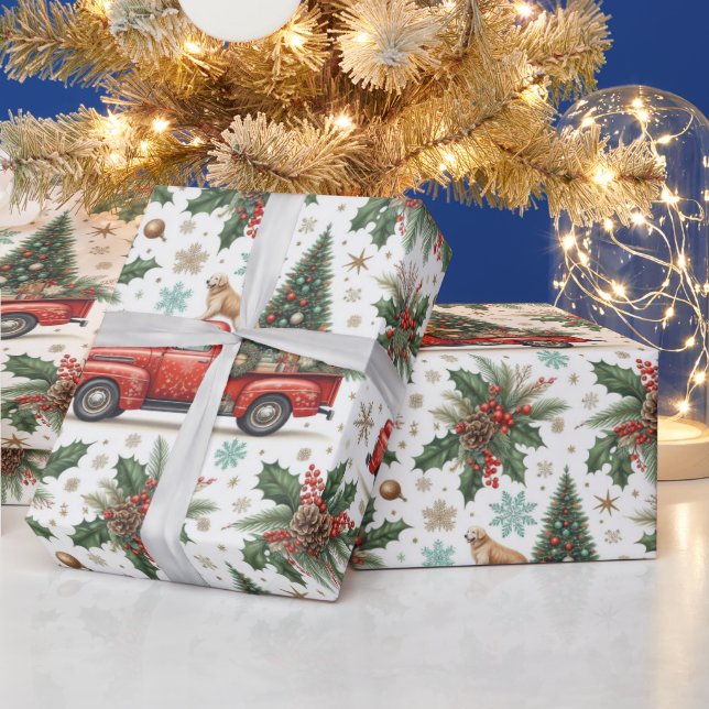 Christma Red Truck Dog & Holiday Greenery  Geschenkpapier (Feiertage)