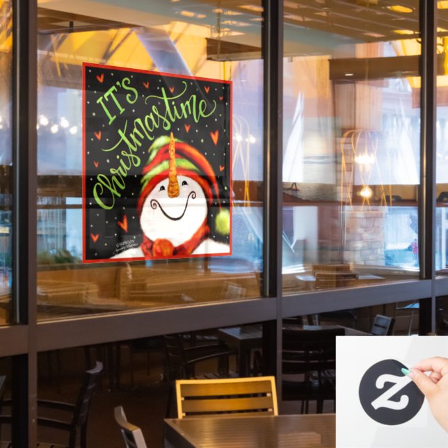Christma time Whimsical Happy Snowman Cling Fensteraufkleber (Restaurantfenster)