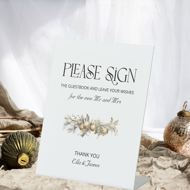 Christma Wedding Gold Garland Guest Book Sign Sockelschild (Guestbook Sign from the Holly Bells Wedding Collection by Darling & May)