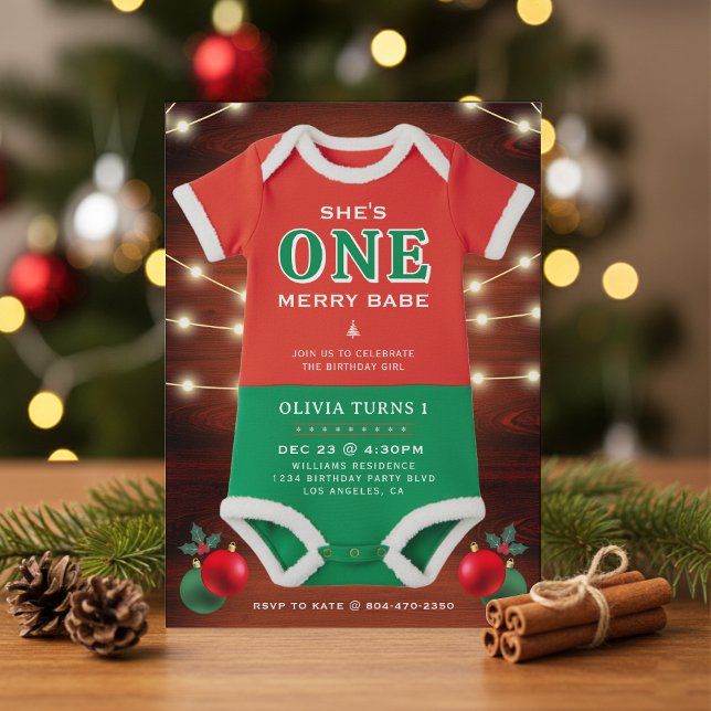 Christmas 1st Birthday Party Bodysuit Rustic Wood Einladung (Christmas 1st Birthday Party Bodysuit Rustic Wood Invitation
)