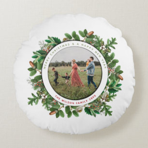 Christmas Acorn Wreath Family Foto Rundes Kissen