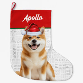 Christmas Akita Dog with Name Woof Background Großer Weihnachtsstrumpf