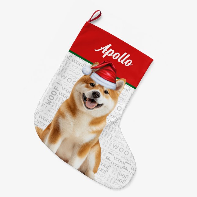 Christmas Akita Dog with Name Woof Background Großer Weihnachtsstrumpf (Vorderansicht (hängend))