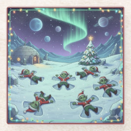 Christmas Alien Snow Angels, Glass Coaster Glasuntersetzer