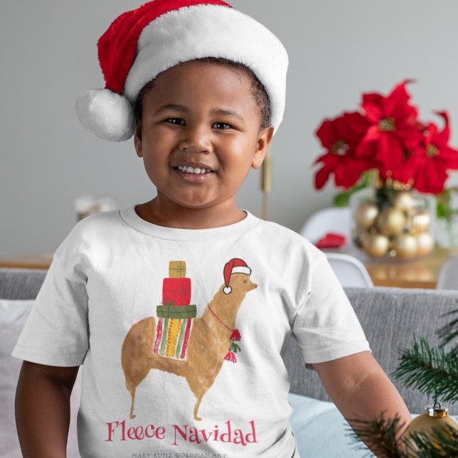 Christmas Alpaca Fleece Navidad Hand-Illustriert T-Shirt (This cute kids' Christmas T-shirt features my own hand-drawn alpaca and reads "Fleece Navidad.")