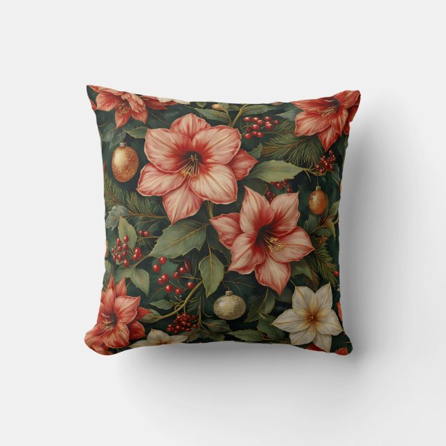 Christmas Amaryllis & Ornament Floral Pillow Kissen (Vorderseite)