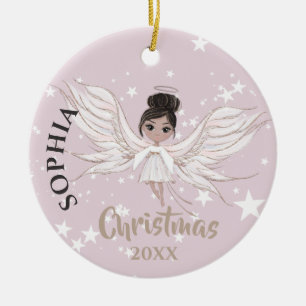 Christmas Angel Dark Hair Stars Photo Pink Cute  Keramik Ornament
