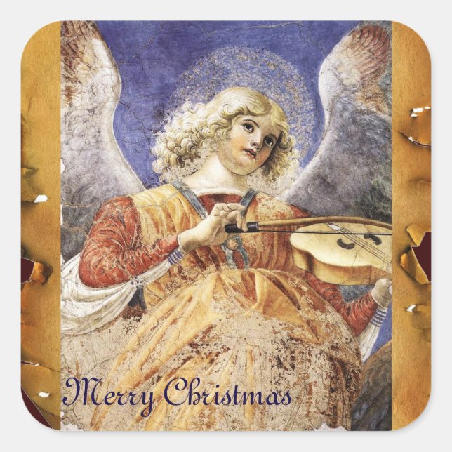 CHRISTMAS ANGEL MAKING MUSIC ANTIQUE PARCHERATION QUADRATISCHER AUFKLEBER (Vorderseite)