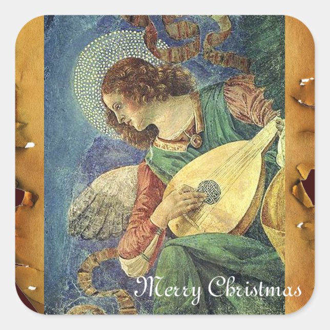 CHRISTMAS ANGEL MAKING MUSIC ANTIQUE PARCHERATION QUADRATISCHER AUFKLEBER (Vorderseite)