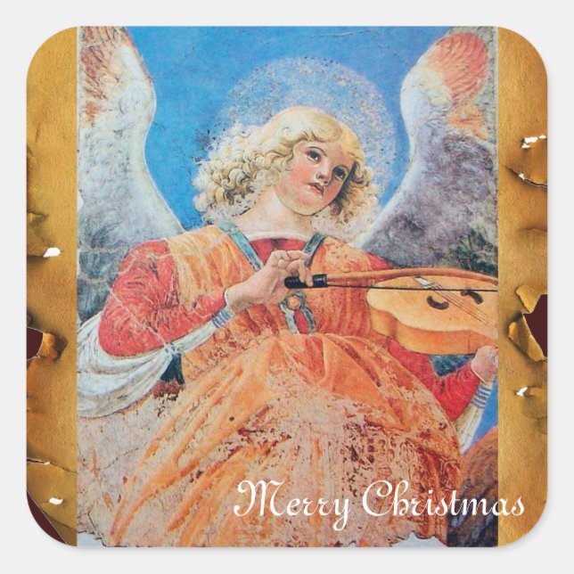 CHRISTMAS ANGEL MAKING MUSIC ANTIQUE PARCHERATION QUADRATISCHER AUFKLEBER (Vorderseite)