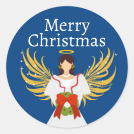 Christmas Angel Modern Wreath Wings Halo Blue Runder Aufkleber
