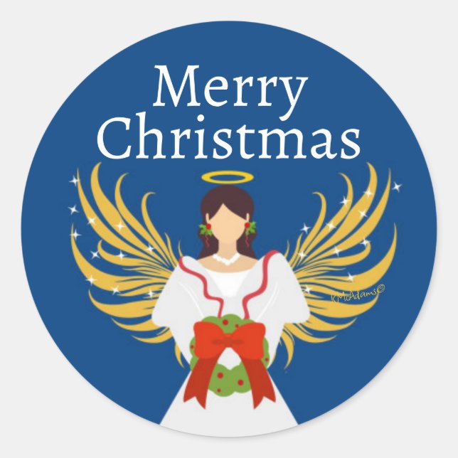 Christmas Angel Modern Wreath Wings Halo Blue Runder Aufkleber (Vorderseite)