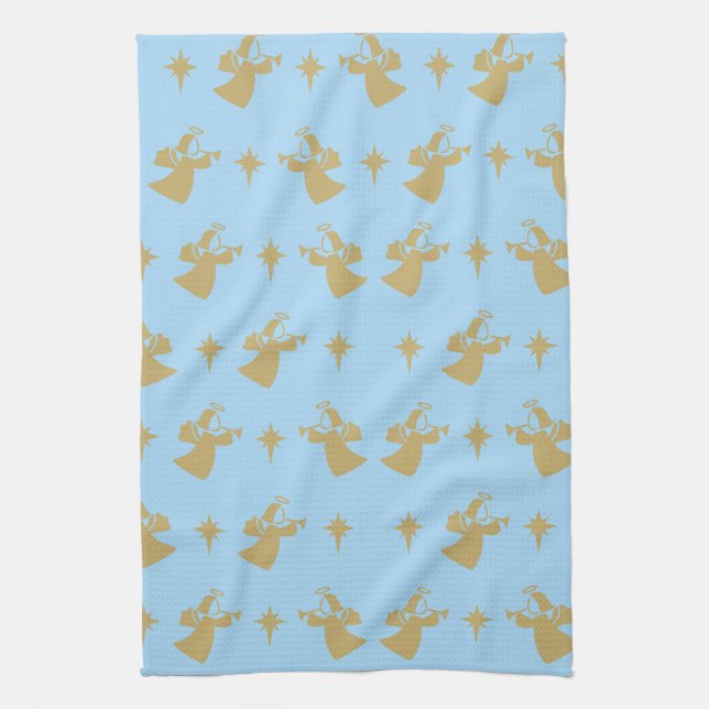 Christmas Angel Nativity Star Baby Blue Gold Geschirrtuch (Vertikal)