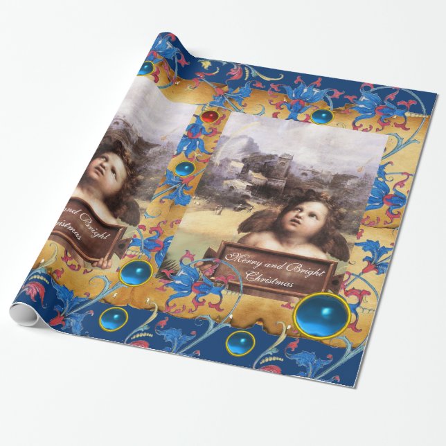 CHRISTMAS ANGEL, RED BLUE FLORAL PARCHMENT AND GEM GESCHENKPAPIER (Ungerollt)