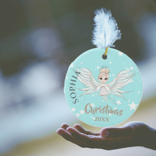 Christmas Angel Stars Foto Blue Pink Niedlich Keramik Ornament