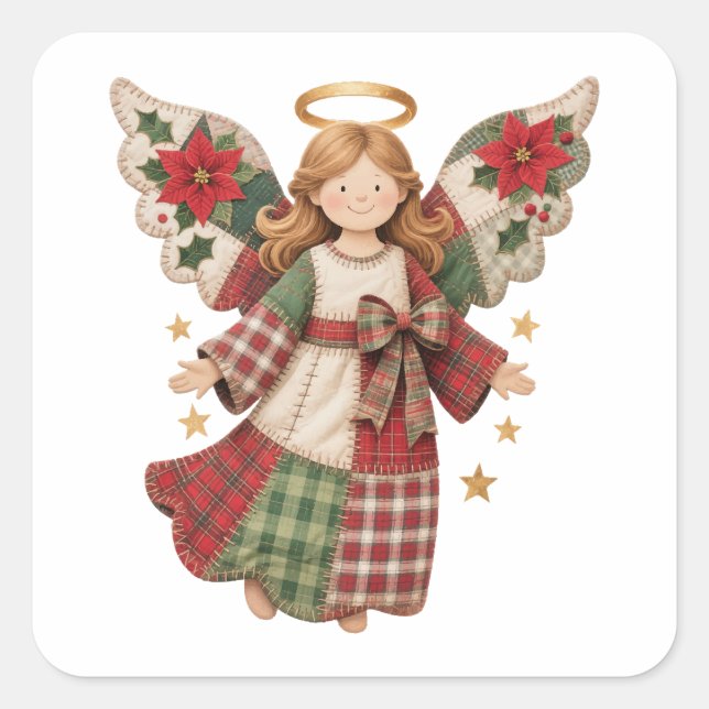 Christmas Angel with Golden Stars Quadratischer Aufkleber (Vorderseite)