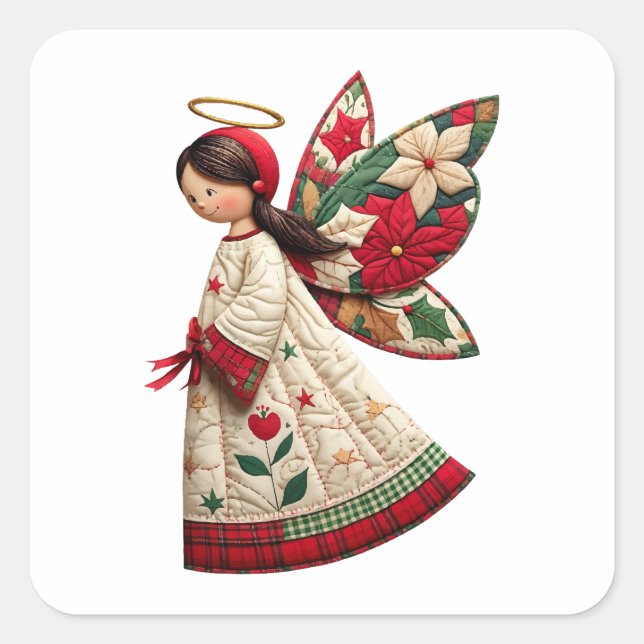 Christmas Angel with Holiday Flowers Quadratischer Aufkleber (Vorderseite)
