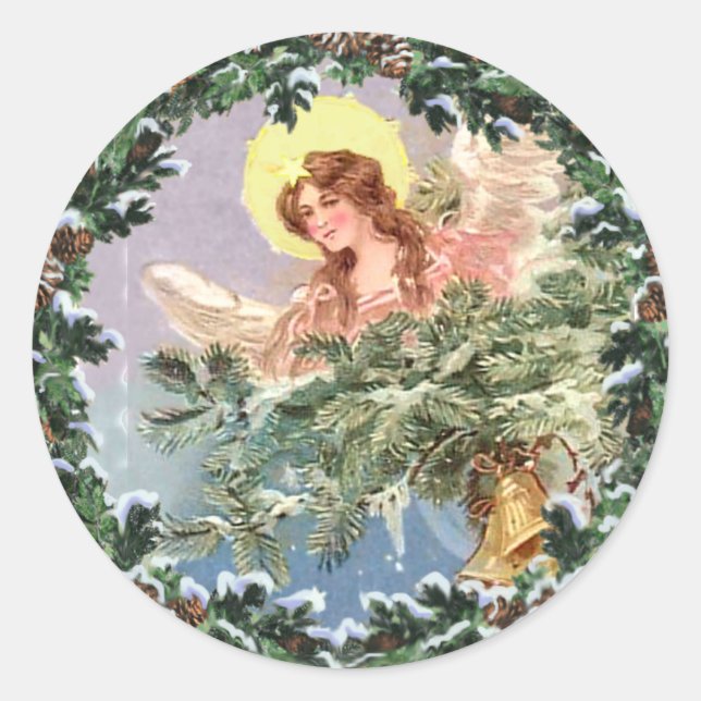 CHRISTMAS ANGEL & WREATH von SHARON SHARPE Runder Aufkleber (Vorderseite)
