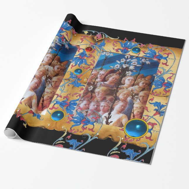 CHRISTMAS ANGELS PARCHMENT, ROTE BLUE BLUMEN,GEMS GESCHENKPAPIER (Ungerollt)