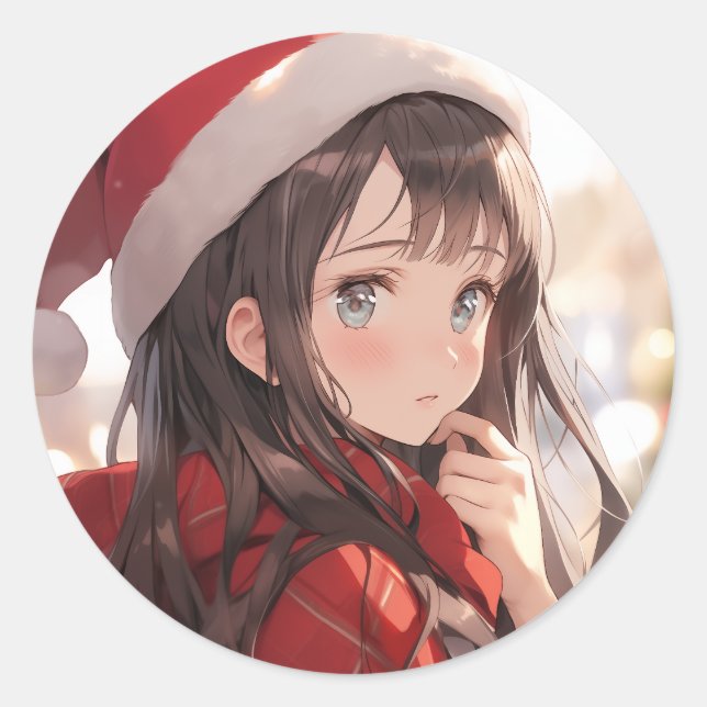 Christmas Anime Girl Runder Aufkleber (Vorderseite)