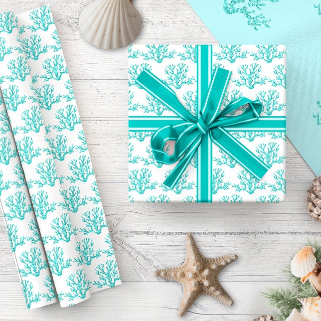 Christmas Aqua Blue White Beach Coral Muster Geschenkpapier (Von Creator hochgeladen)