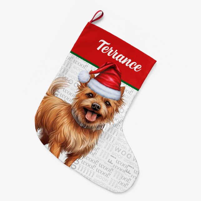 Christmas Australian Terrier Dog Name Woof Großer Weihnachtsstrumpf (Vorderansicht (hängend))