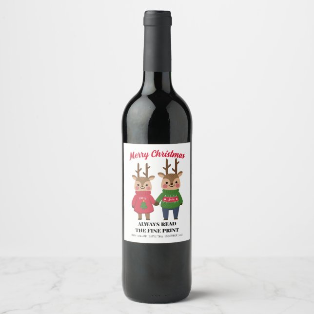 Christmas Baby Announcement Aunty Uncle Fine Print Weinetikett (Vorderseite)