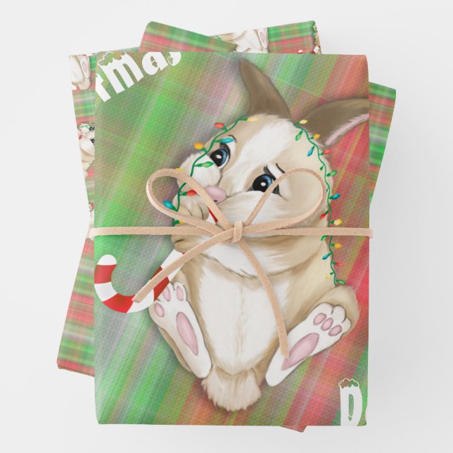 Christmas Baby Bunny Green Red Kariert Fabric Geschenkpapier Set (Beispiel)