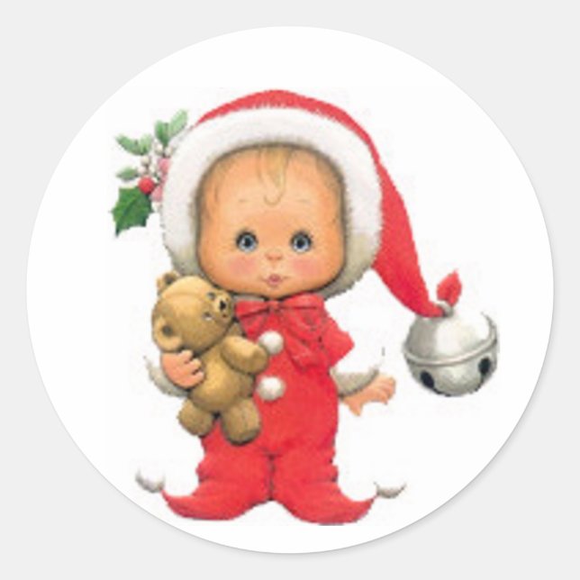 Christmas Baby Elf und Teddy Runder Aufkleber (Vorderseite)