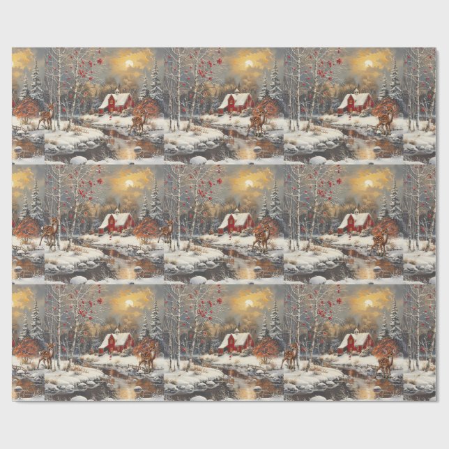 Christmas Baby Fawn Winter Red Hütte Geschenkpapier (Flach)