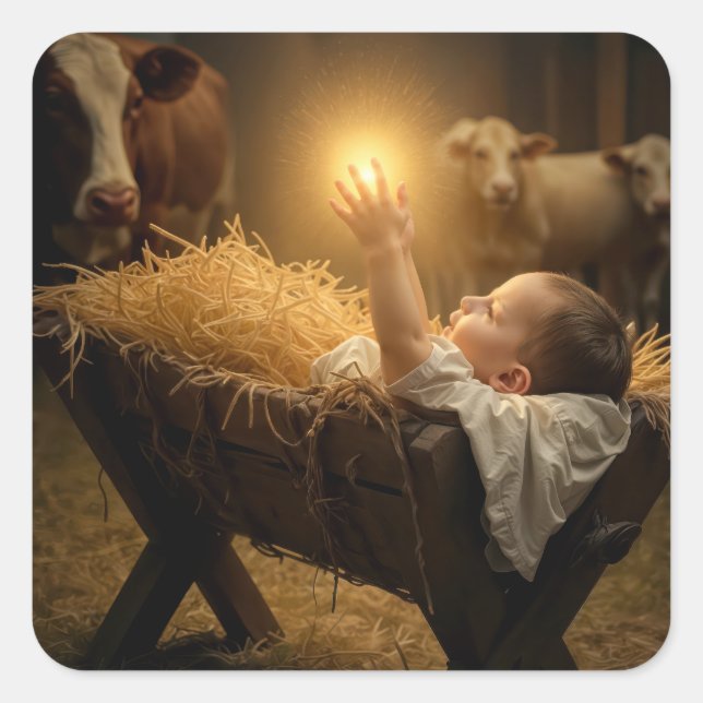 Christmas Baby Jesus In a Manger Quadratischer Aufkleber (Vorderseite)