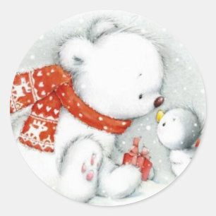 Christmas Baby Polar Bear Kissing Bird Runder Aufkleber