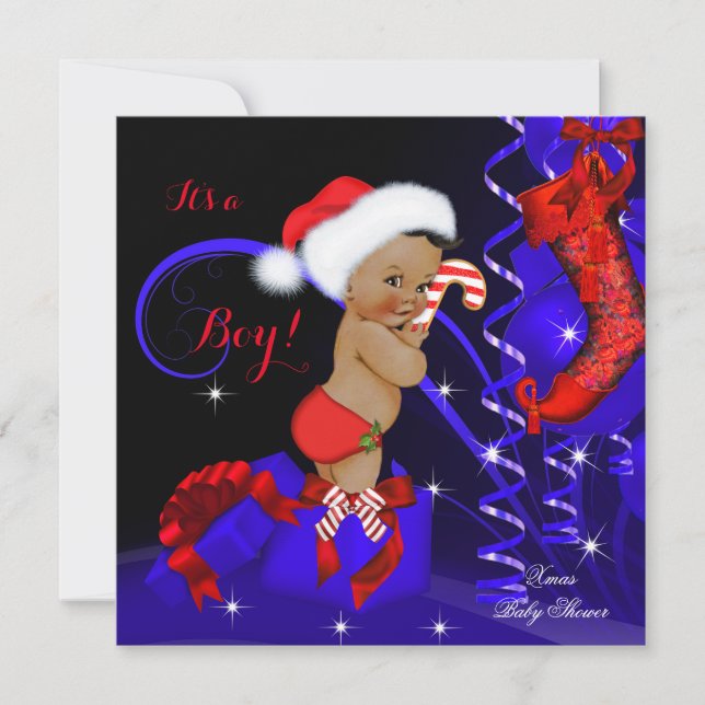 Christmas Baby Shower Boy Red Blue Ethnic Einladung (Vorderseite)
