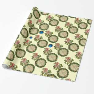 CHRISTMAS BANJO,MISTLETOES,HOLLY BERRIES,BLAUE GEM GESCHENKPAPIER