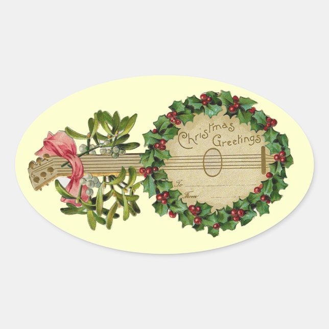 CHRISTMAS BANJO MIT MISTLETOS UND HOLLY BERRIES OVALER AUFKLEBER (Vorderseite)