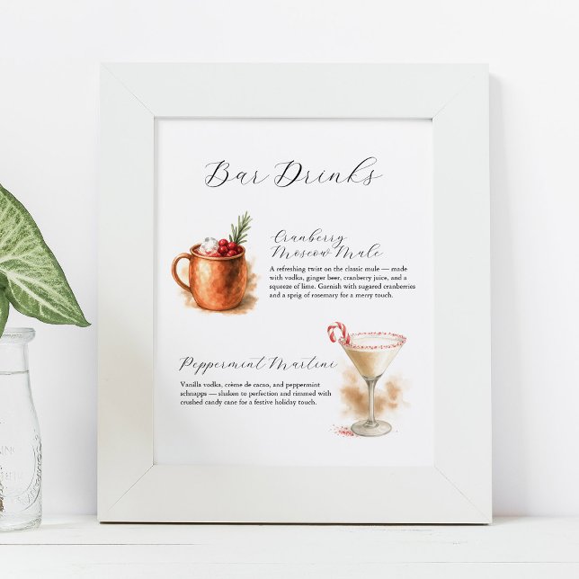 Christmas Bar Signs | Watercolor Cocktails Poster (Christmas signature cocktails bar sign cranberry moscow mule & peppermint martini Do Tell A Belle)