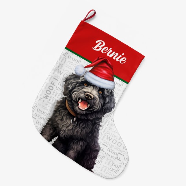 Christmas Barbet Dog Name Woof Großer Weihnachtsstrumpf (Vorderansicht (hängend))