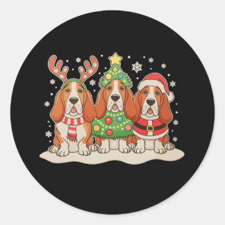 Christmas Basset Hound Santa Hat Reindeer Dog Xmas Runder Aufkleber