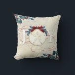 Christmas Beach Coastal Joy Sand Dollar Blue Holly Kissen<br><div class="desc">"Christmas Joy Beach Coastal Sand Dollar Holly mit roten Glitzer-Schnörkeln und einem bordeauxroten Bogen, werfen Kissen." Elegantes Aquarelldesign mit texturiertem Sand-Hintergrund, heiliges Blattwerk in Blau und Rot mit rustikalem Typografie-Design, "JOY" in Weiß. Roter Glitzer betont die Kalligraphierollen und ein bordeauxroter Bogen beendet das Bild. Kunst in Aquarell von international lizenzierter...</div>