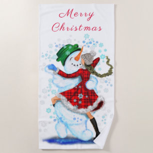 Christmas Beach Towel Snowman and Girl Dance - Fun Strandtuch