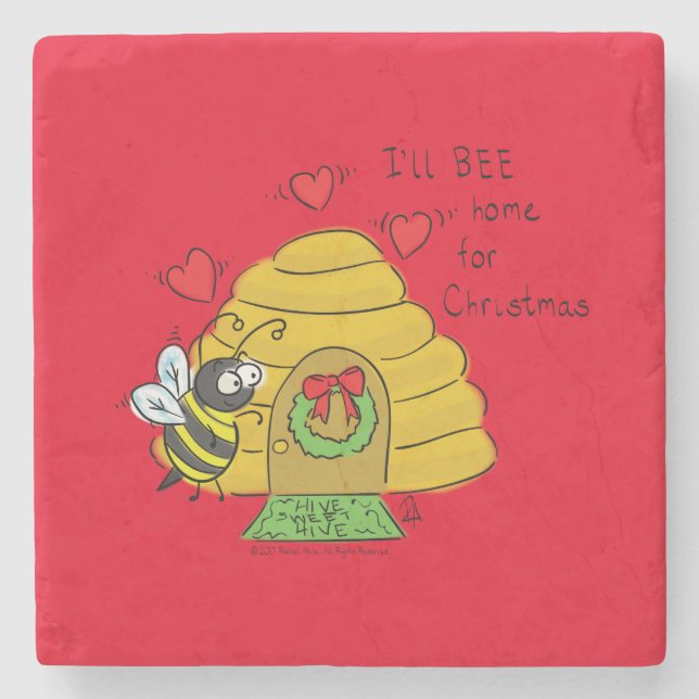 Christmas Bee Funny Holiday Cartoon Steinuntersetzer (Vorderseite)