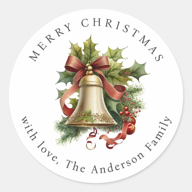 Christmas Bell Holly Berries Ribbon Holiday Runder Aufkleber (Vorderseite)