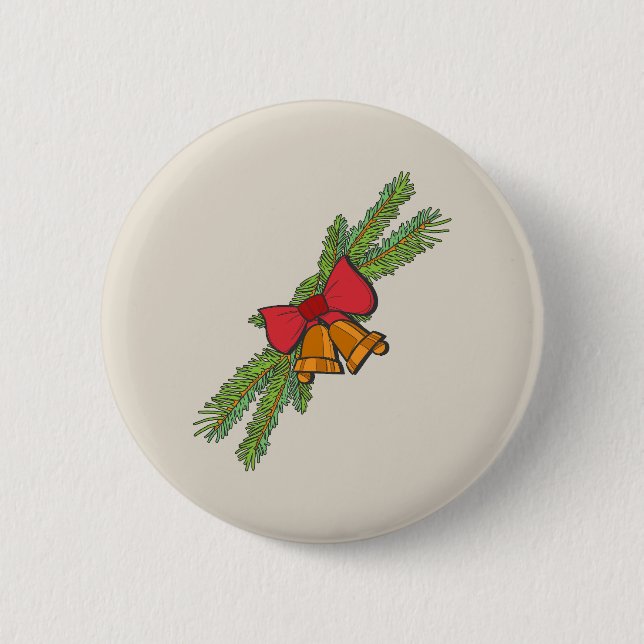 Christmas Bell Print with Pine & red bow wall art Button (Vorderseite)