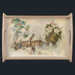 "Christmas Bell" Vintag Serviertablett<br><div class="desc">"Christmas Bell" ist eine Collage, die aus alten Bildern des Weihnachtsabends gemacht wurde. Es zeigt eine schöne alte Messingglocke mit dem Wort "Weihnachten". Oben sind süß-weiße Blüten mit rosa Highlights und ein bisschen Grün. Es ist eine Landkirche im Schnee. Die Fenster sind für den Feiertagsservice und bis auf die Ankunft...</div>