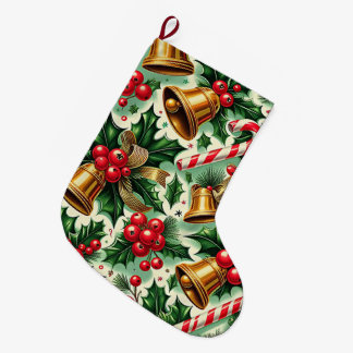 Christmas Bells holly candy canes art pattern Großer Weihnachtsstrumpf