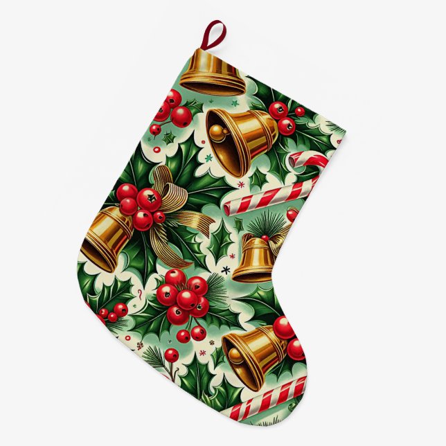 Christmas Bells holly candy canes art pattern Großer Weihnachtsstrumpf (Vorderansicht (hängend))